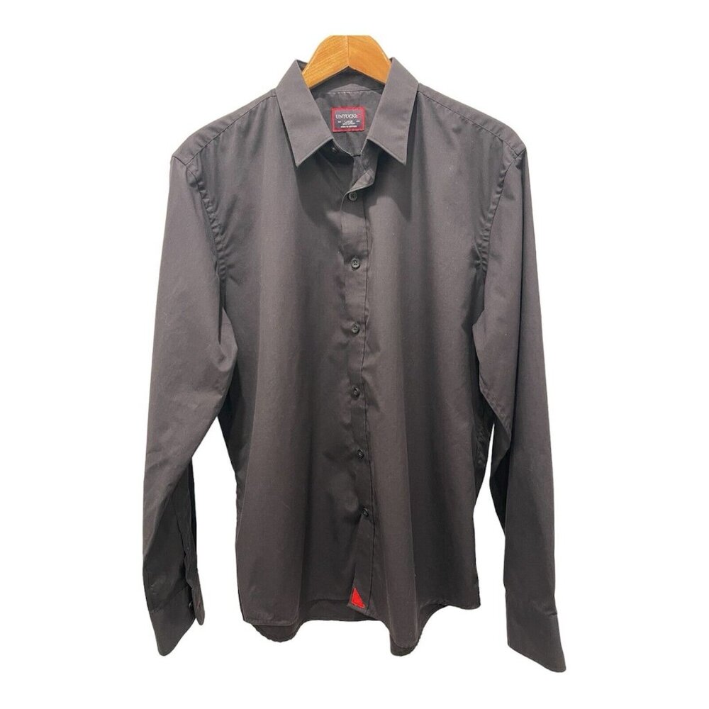 UNTUCKIT Shirt Men Black Button Up Dress Solid Casual Cotton Adult Red Accent L